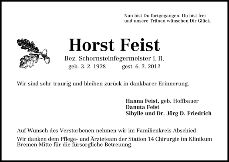 Traueranzeige von Horst Feist von WESER-KURIER