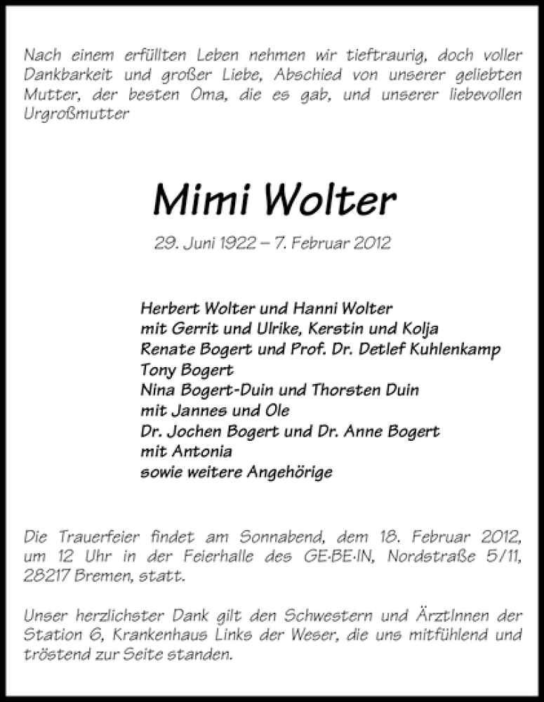 Traueranzeige von Mimi Wolter von WESER-KURIER