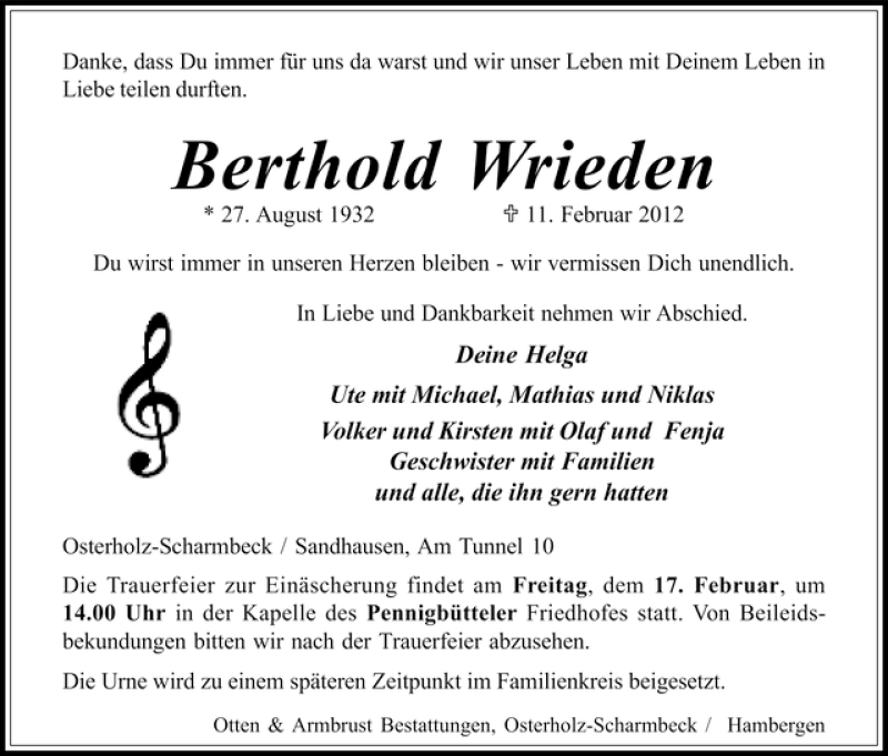  Traueranzeige für Berthold Wrieden vom 13.02.2012 aus WESER-KURIER