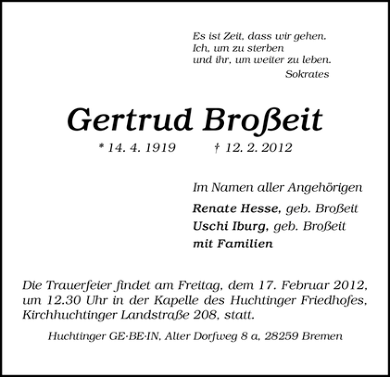  Traueranzeige für Gertrud Broßeit vom 15.02.2012 aus WESER-KURIER