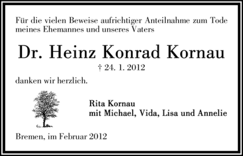 Traueranzeige von Heinz Konrad Kornau von WESER-KURIER