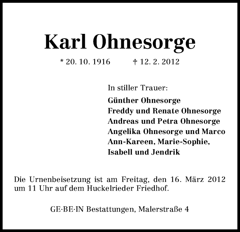 Traueranzeige von Karl Ohnesorge von WESER-KURIER