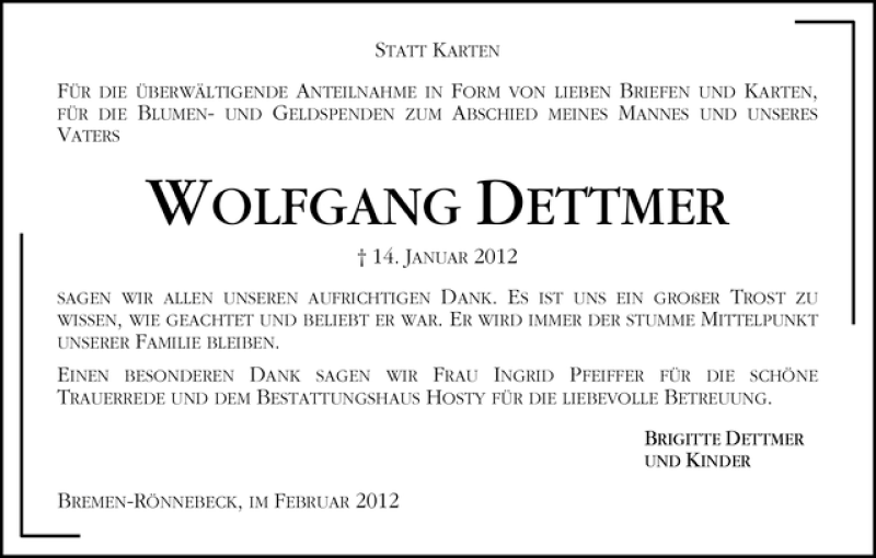 Traueranzeige von Wolfgang Dettmer von WESER-KURIER