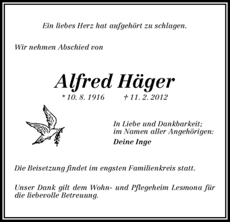 Traueranzeige von Alfred Häger von WESER-KURIER