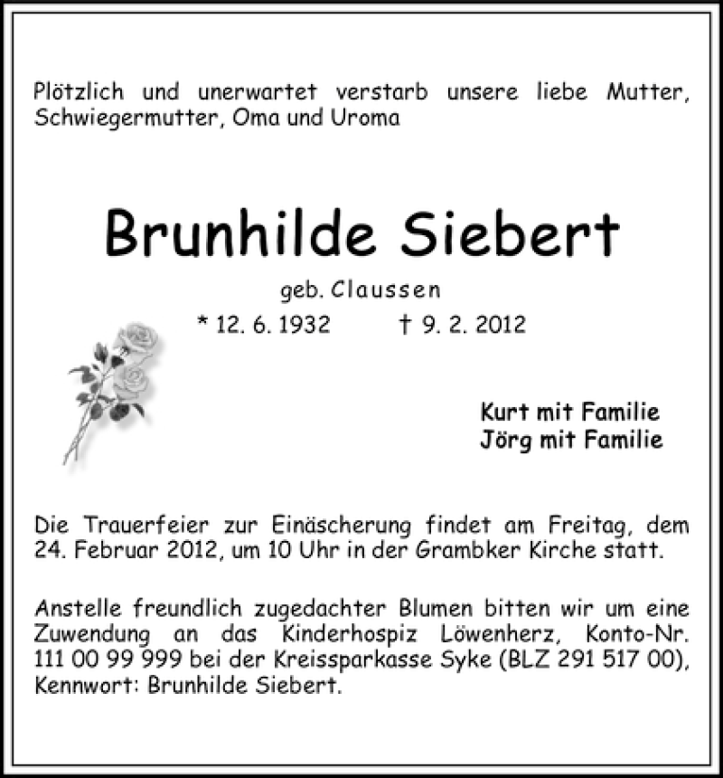 Traueranzeige von Brunhilde Siebert von WESER-KURIER