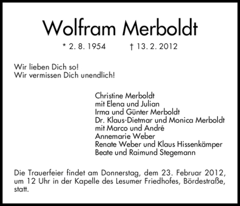 Traueranzeige von Wolfram Merboldt von WESER-KURIER