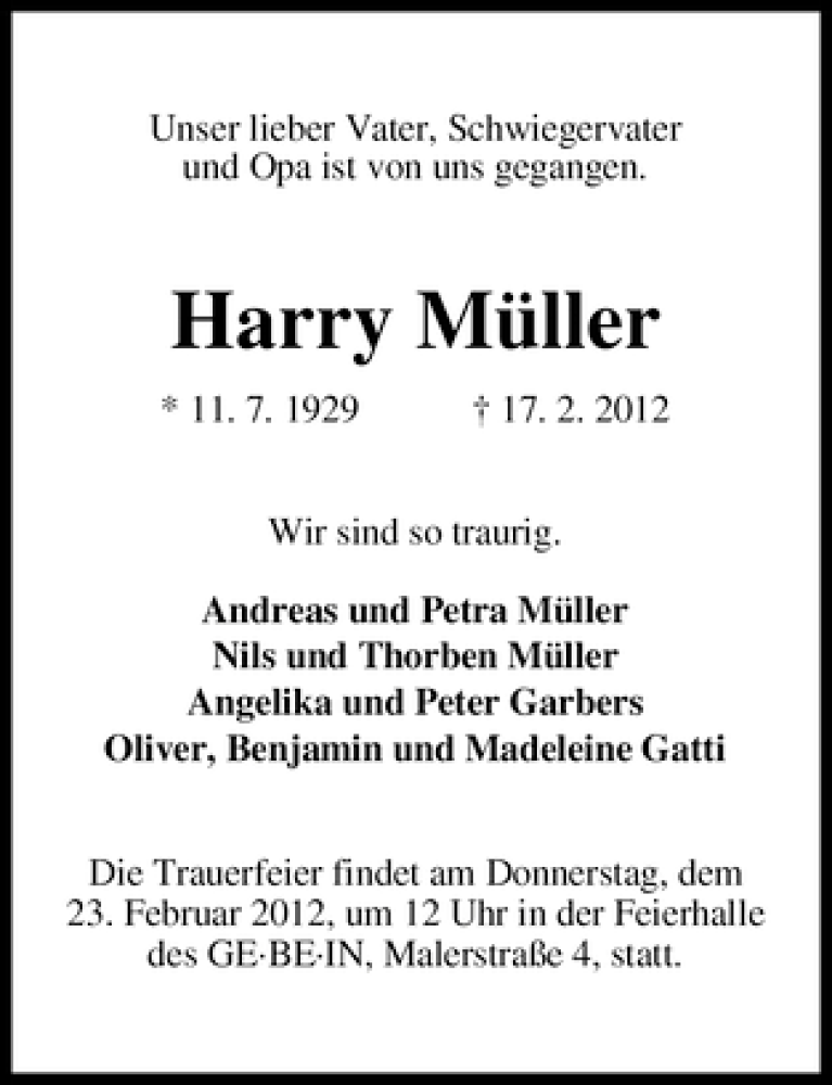 Traueranzeige von Harry Müller von WESER-KURIER