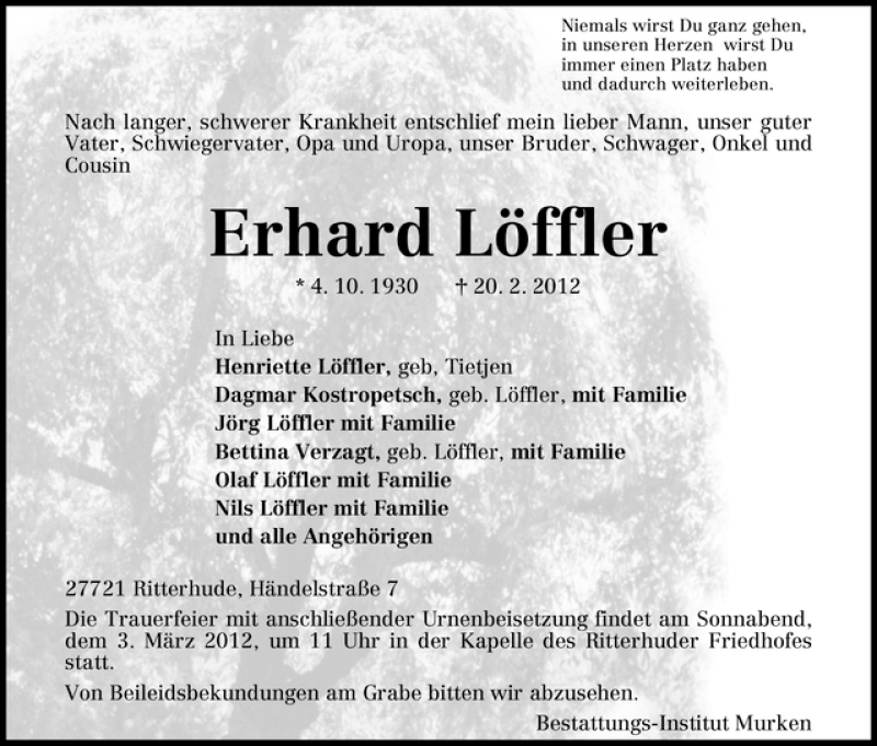 Traueranzeige von Erhard Löffler von WESER-KURIER