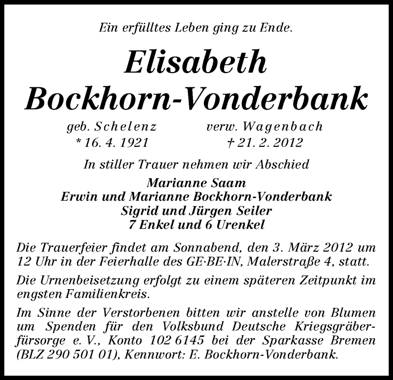 Traueranzeige von Elisabeth Bockhorn-Vonderbank von WESER-KURIER