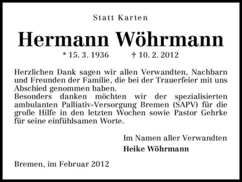 Traueranzeige von Hermann Wöhrmann von WESER-KURIER