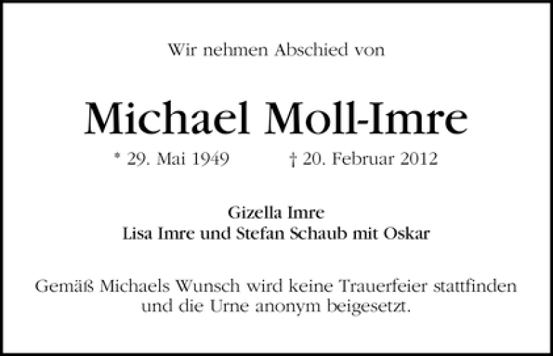 Traueranzeige von Michael Moll-Imre von WESER-KURIER