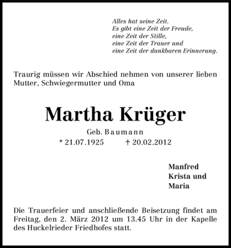Traueranzeige von Martha Krüger von WESER-KURIER