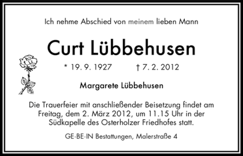 Traueranzeige von Curt Lübbehusen von WESER-KURIER