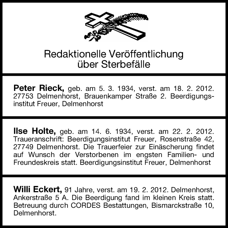 Traueranzeige von Sterbefälle vom 25.02.2012 von WESER-KURIER