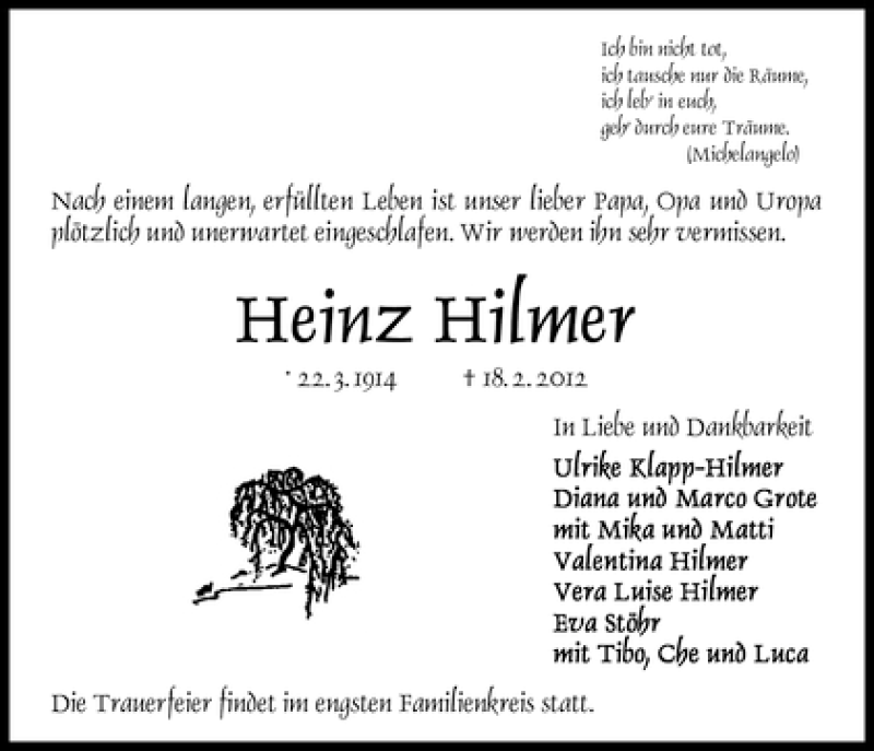 Traueranzeige von Heinz Hilmer von WESER-KURIER