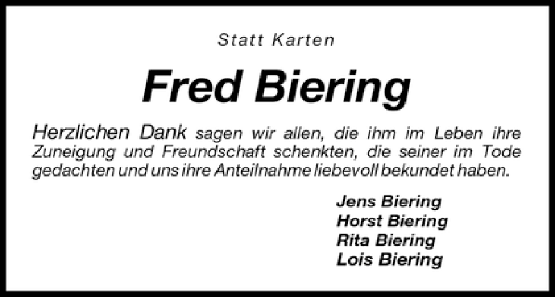 Traueranzeige von Fred Biering von WESER-KURIER