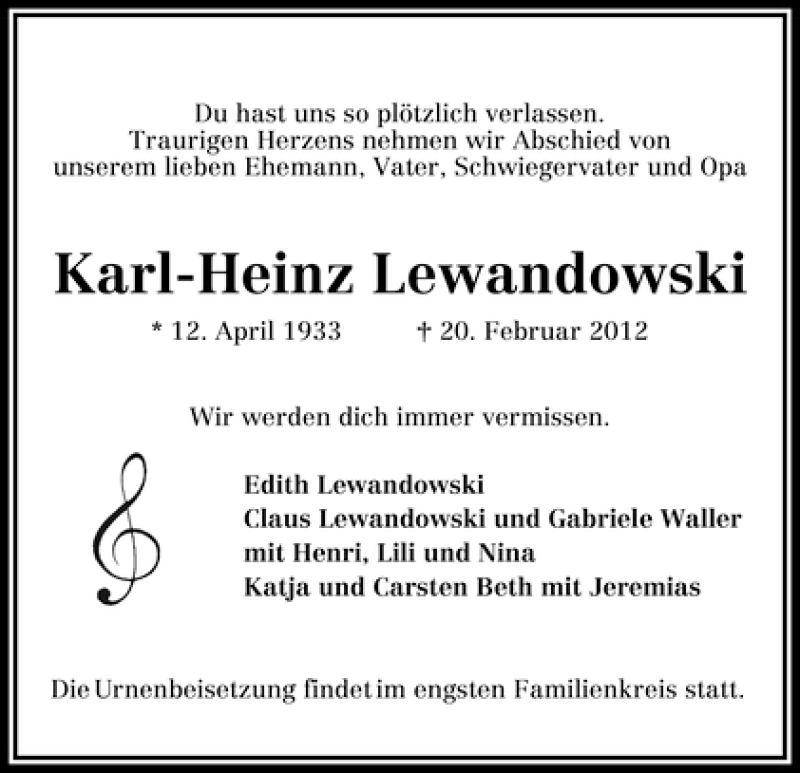 Traueranzeige von Karl-Heinz Lewandowski von WESER-KURIER