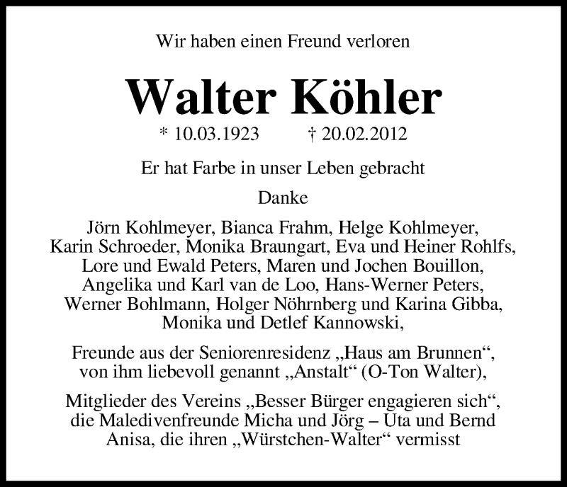 Traueranzeige von Walter Köhler von WESER-KURIER