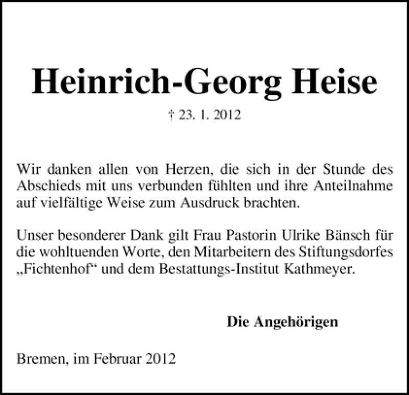 Traueranzeige von Heinrich-Georg Heise von WESER-KURIER