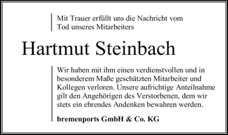 Traueranzeige von Hartmut Steinbach von WESER-KURIER