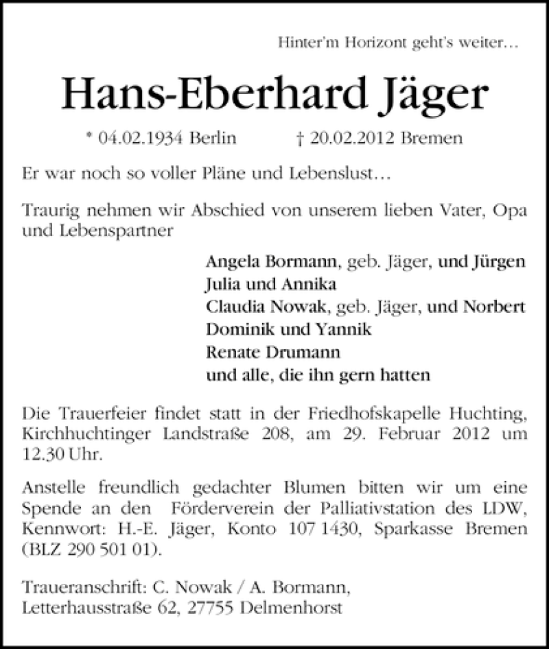 Traueranzeige von Hans-Eberhard Jäger von WESER-KURIER