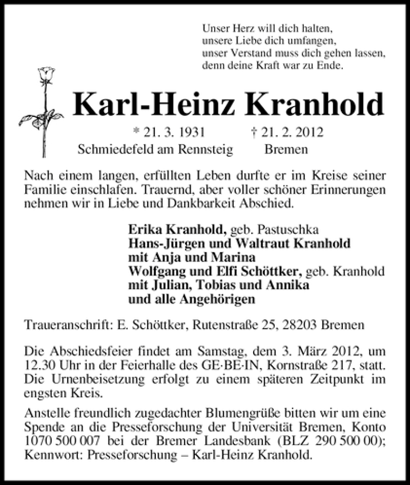 Traueranzeige von Karl-Heinz Kranhold von WESER-KURIER