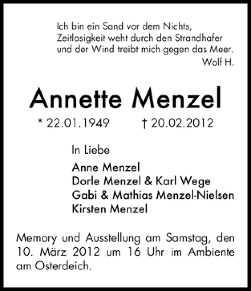 Traueranzeigen Von Annette Menzel Trauer And Gedenken