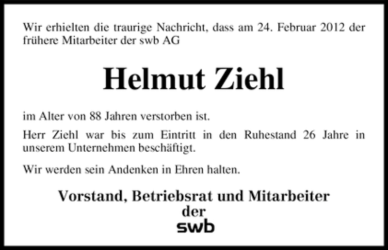 Traueranzeige von Helmut Ziehl von WESER-KURIER
