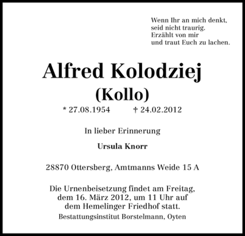 Traueranzeige von Alfred Kolodziej von WESER-KURIER