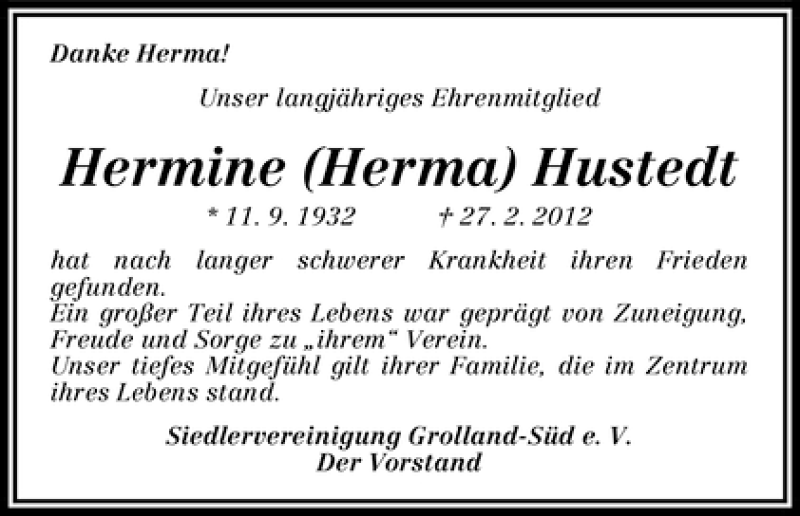 Traueranzeige von Hermine Hustedt von WESER-KURIER