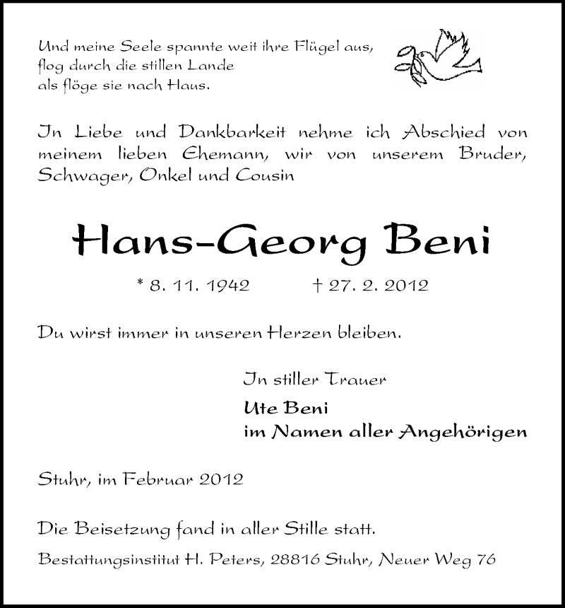 Traueranzeige von Hans-Georg Beni von WESER-KURIER
