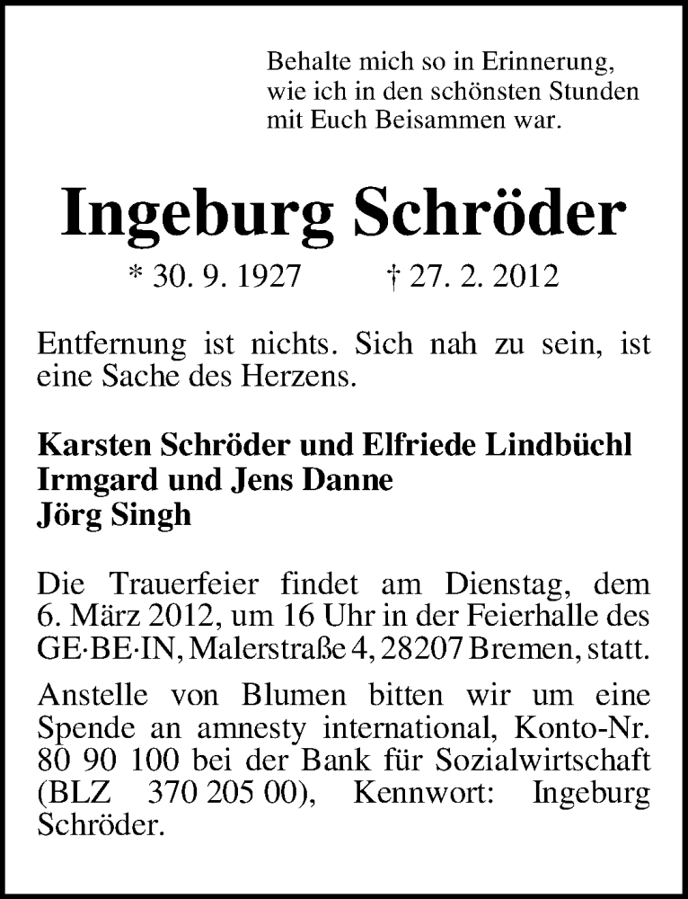Traueranzeige von Ingeburg Schröder von WESER-KURIER