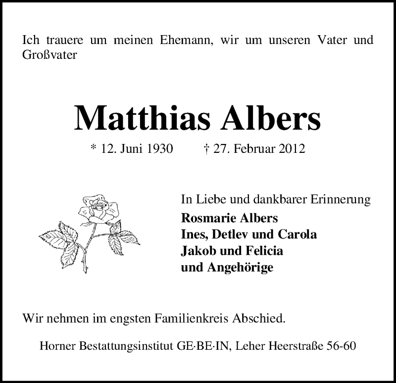 Traueranzeige von Matthias Albers von WESER-KURIER