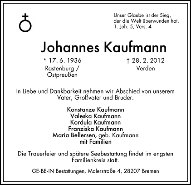 Traueranzeige von Johannes Kaufmann von WESER-KURIER