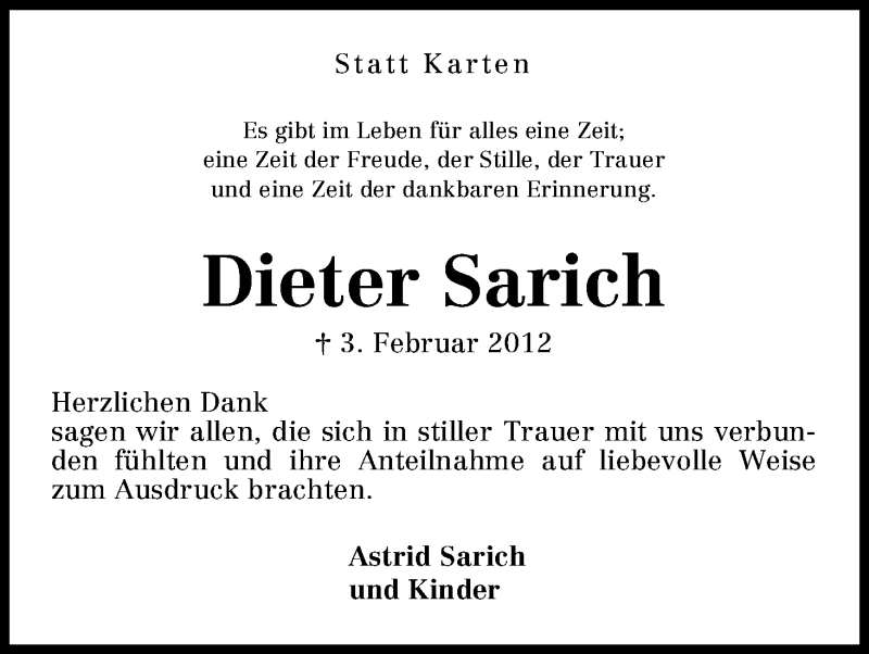 Traueranzeige von Dieter Sarich von WESER-KURIER