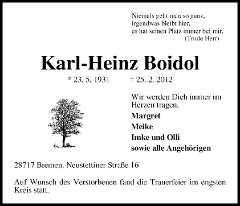Traueranzeige von Karl-Heinz Boidol von WESER-KURIER