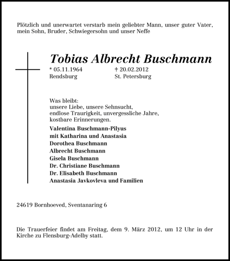 Traueranzeige von Tobias Albrecht Buschmann von WESER-KURIER