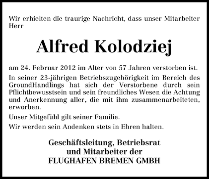 Traueranzeige von Alfred Kolodziej von WESER-KURIER