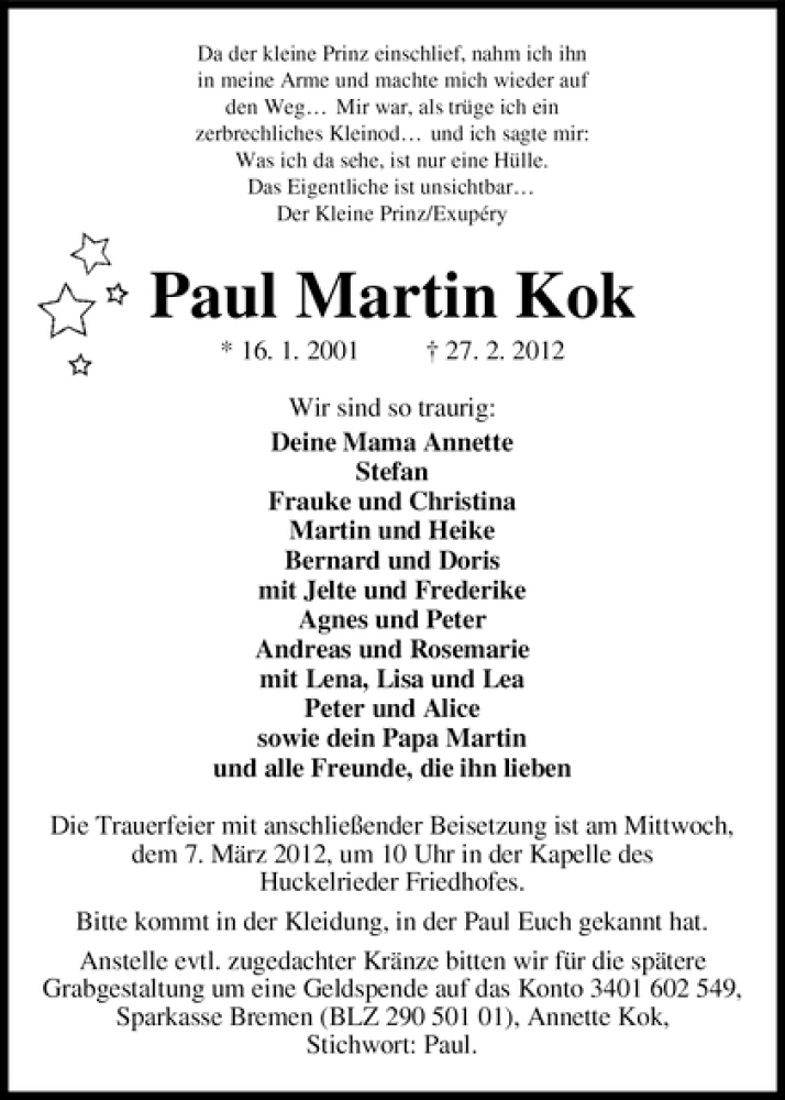  Traueranzeige für Paul Kok vom 03.03.2012 aus WESER-KURIER