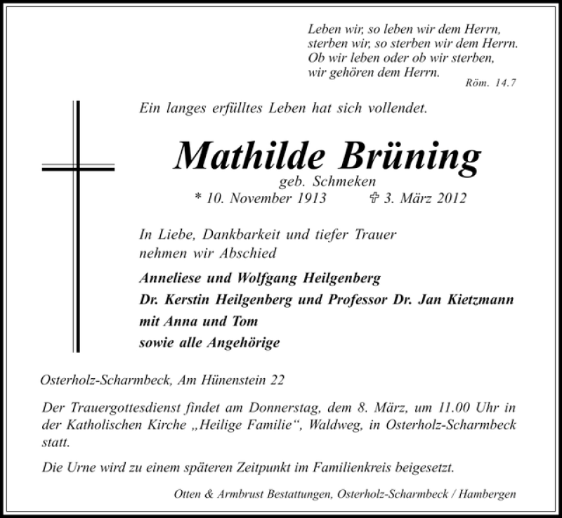 Traueranzeige von Mathilde Brüning von WESER-KURIER