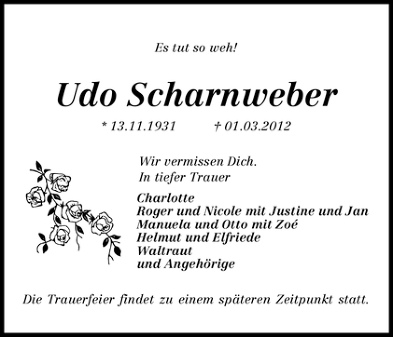 Traueranzeige von Udo Scharnweber von WESER-KURIER