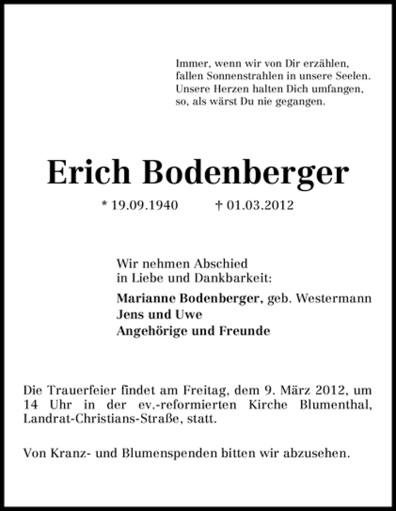 Traueranzeige von Erich Bodenberger von WESER-KURIER