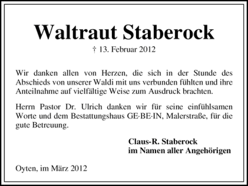 Traueranzeige von Waltraut Staberock von WESER-KURIER
