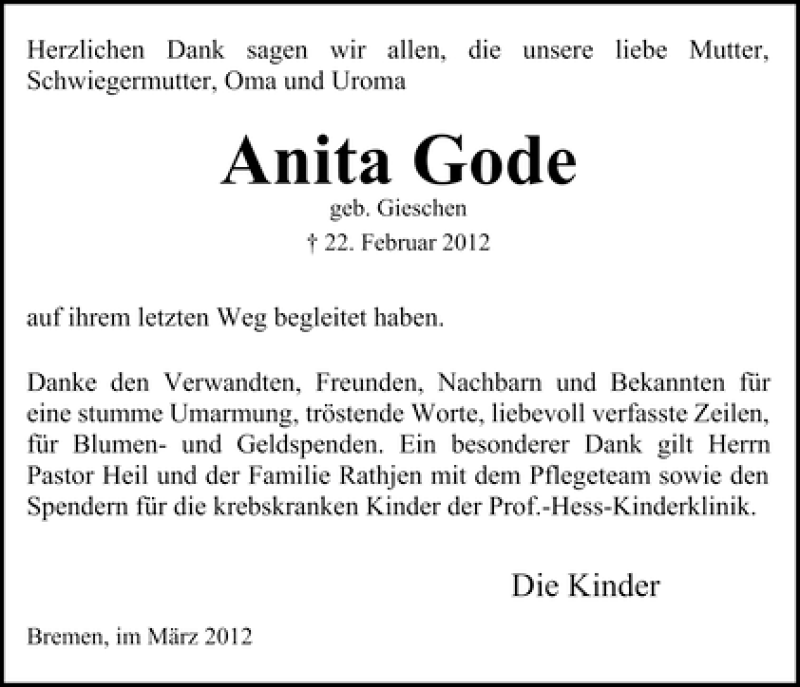 Traueranzeige von Anita Gode von WESER-KURIER