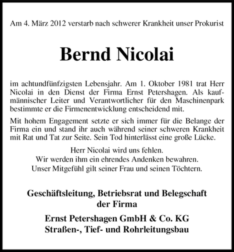 Traueranzeige von Bernd Nicolai von WESER-KURIER