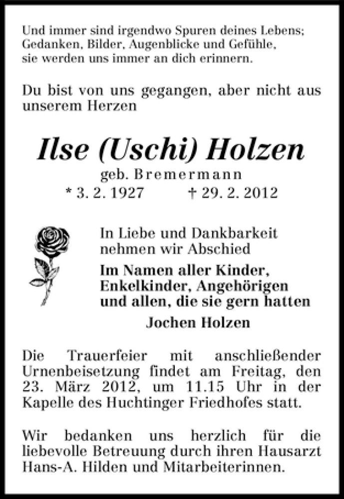 Traueranzeige von Ilse Holzen von WESER-KURIER