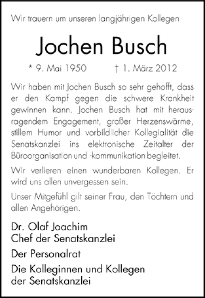 Traueranzeige von Jochen Busch von WESER-KURIER