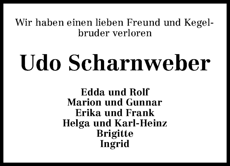 Traueranzeige von Udo Scharnweber von WESER-KURIER