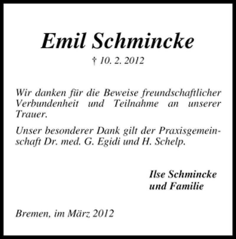 Traueranzeige von Emil Schmincke von WESER-KURIER