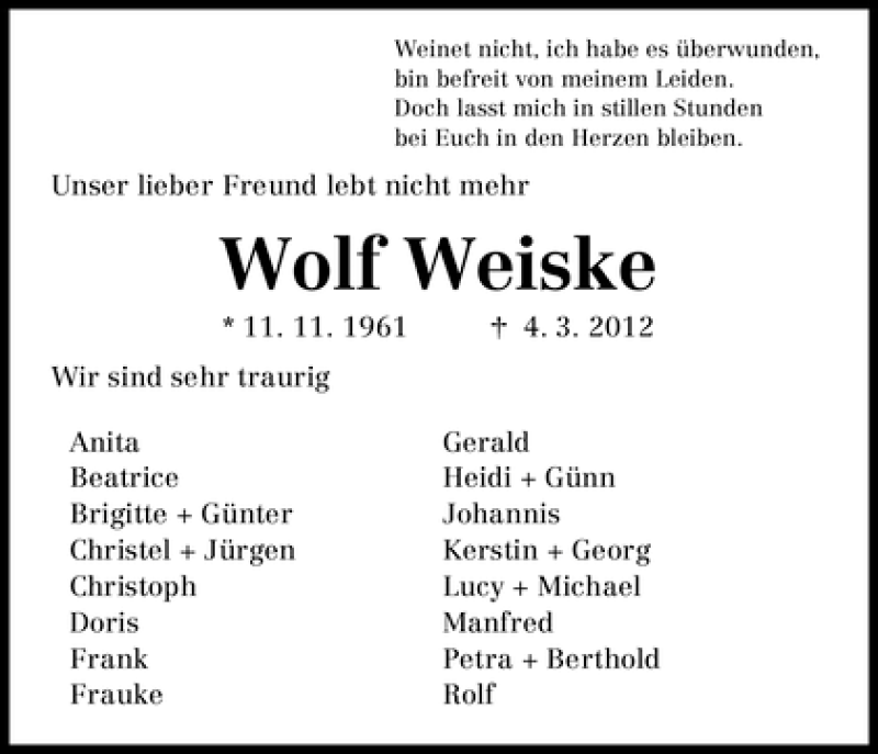 Traueranzeige von Weiske Wolf von WESER-KURIER